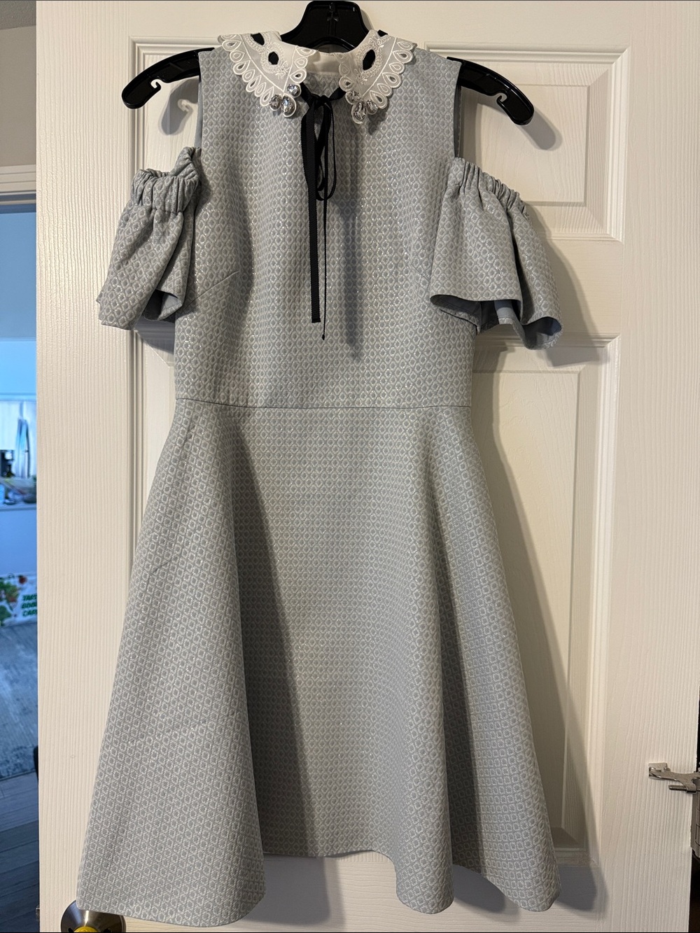 Ted Baker Pale Blue Cold-Shoulder Mini Dress with Lace Collar